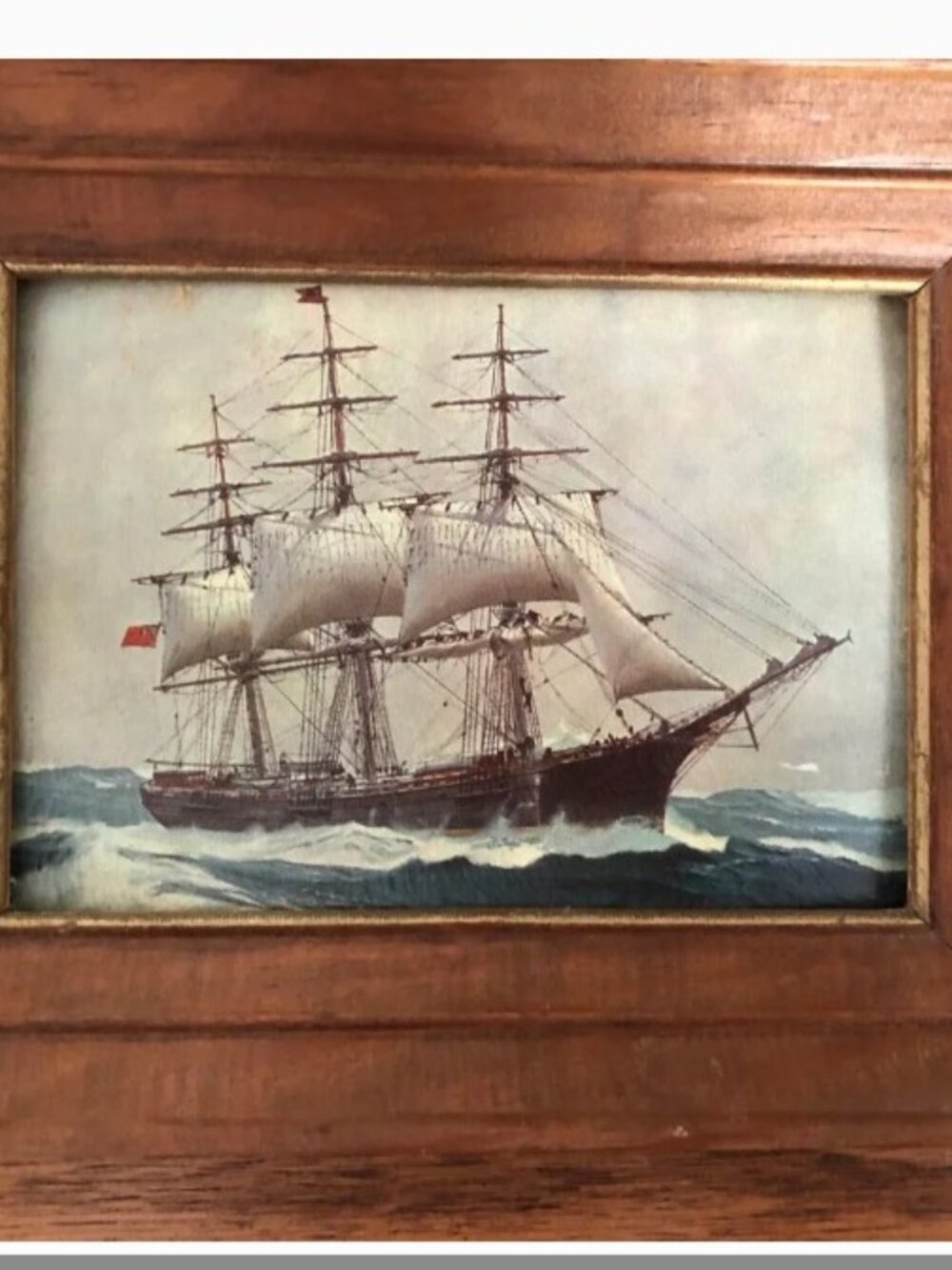 Two Vintage lithography prints lake ships sailing vintage wood frame wall decors